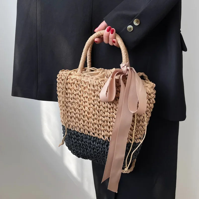 ByMave - Handmade hollow wicker bag with bow tie-Elly Rose