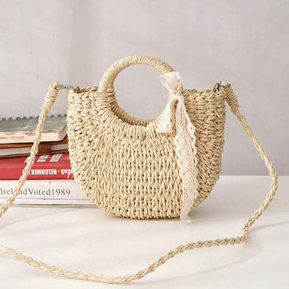 ByMave - Wicker bag with round lace and walnut bow-Elly Rose