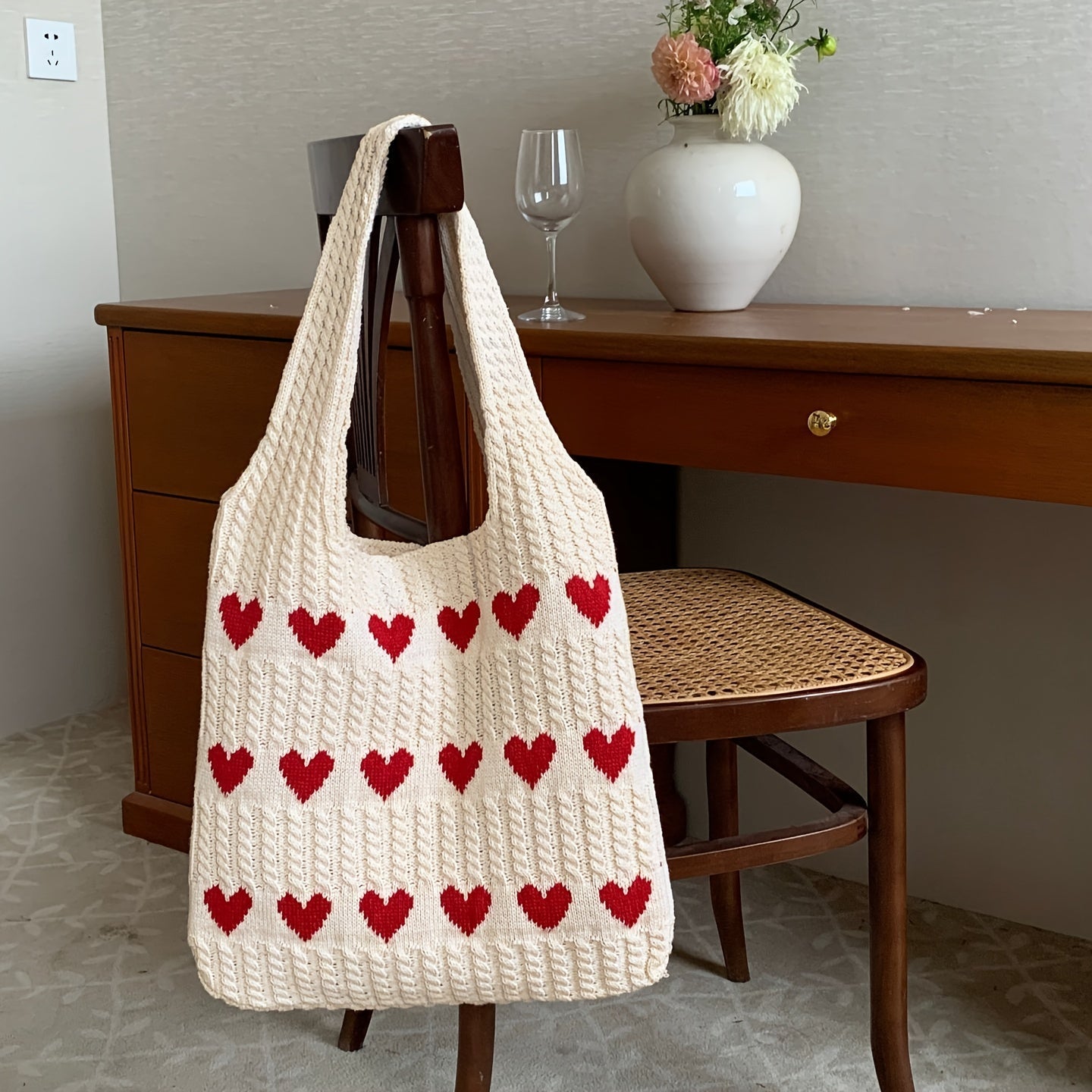 Nina | Hand-knitted shopping bag with heart motif-Elly Rose