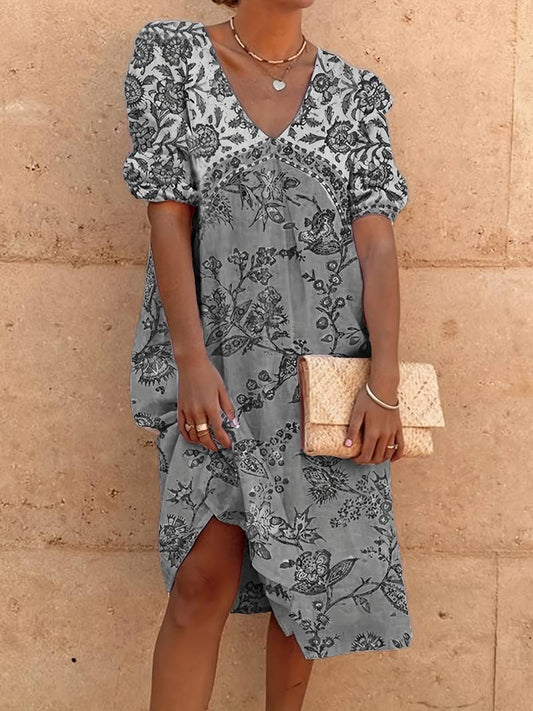 Abida Multicolore - Robe à col V et manches bouffantes