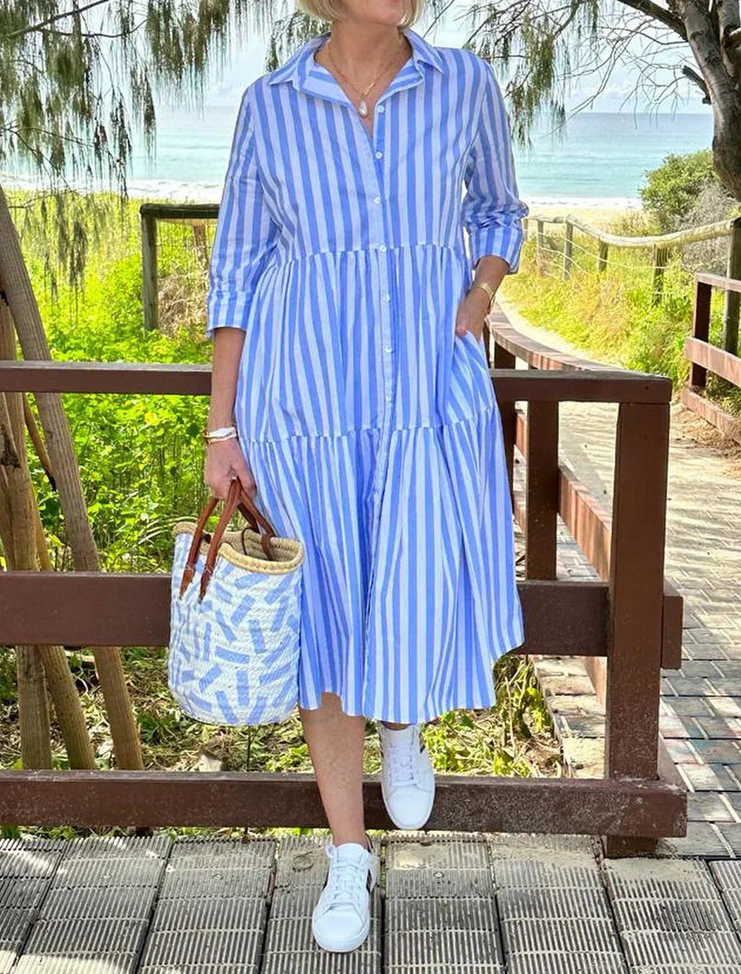 Remina - Robe chemise ample à rayures jusqu'au genou