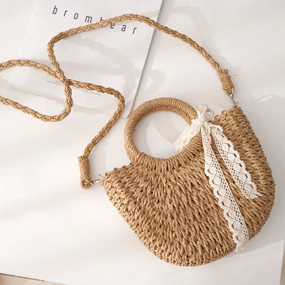 ByMave - Wicker bag with round lace and walnut bow-Elly Rose