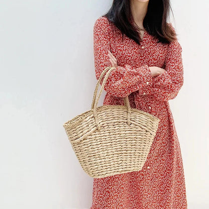 Amila - Large brown wicker bag with bucket-Elly Rose