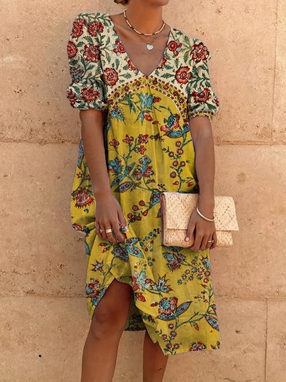 Abida Multicolore - Robe à col V et manches bouffantes