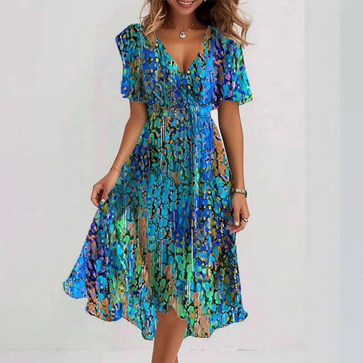 Maudea - Robe midi bleue à manches courtes