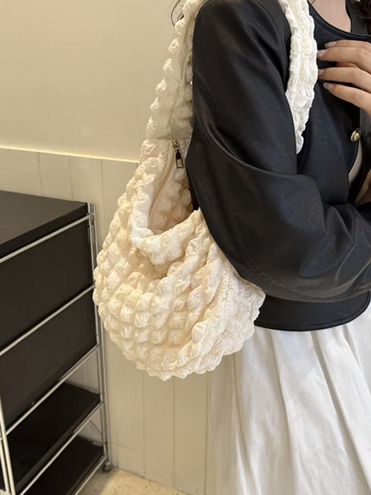 Drew Ladies Pleated Fabric Shoulder Bag | Shopper Cream White-Elly Rose