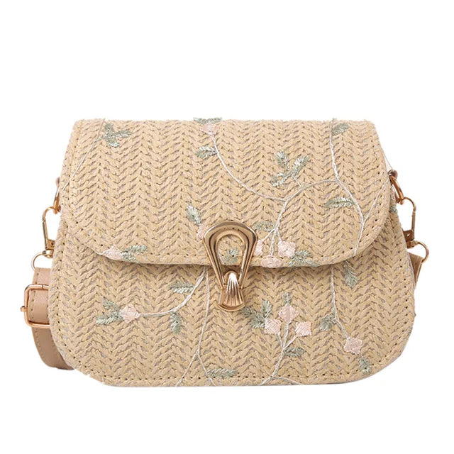 Rebecca - Embroidered straw shoulder bag-Elly Rose