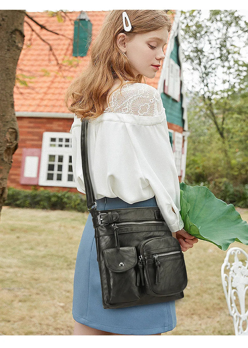 Zara | Soft leather shoulder bag with multiple compartments.-Elly Rose