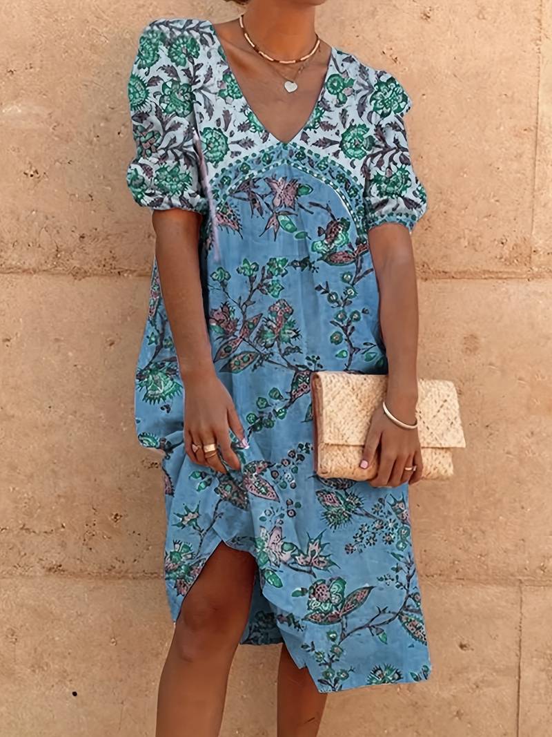 Abida Multicolore - Robe à col V et manches bouffantes